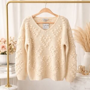 FAVLUX FASHION SIZE S IVORY CREAM KNIT‎ SWEATER BOBBLE HEARTS BOHO VALENTINES